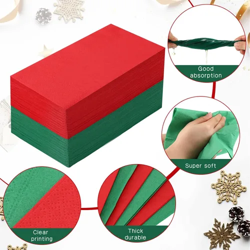 Vista 3 de Teling 50 piezas de servilletas de papel de Navidad desechables, servilletas de Navidad para cena y cóctel, toallas de mano rojas y verdes