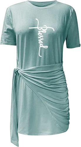 Vista 2 de Ctreela Vestido casual de manga corta para mujer vestido corto cruzado con lazo en la cintura vestido ajustado