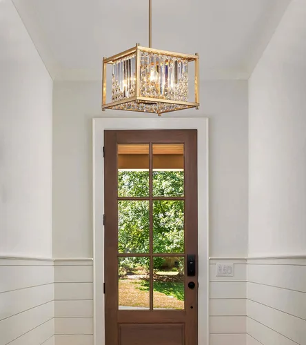 Vista 9 de Q&S Candelabro de oro, moderno candelabro industrial de cristal cuadrado dorado con 4 luces colgantes para comedor, pasillo, entrada, isla