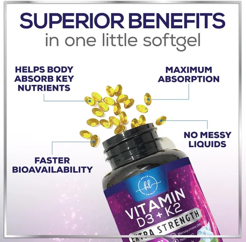 Vista 7 de Vitamina D con K2 (MK-7) – Vitamina D3 5000IU (125 mcg) por porción – Suplemento complejo D3K2 para huesos, dientes, músculos, absorción de calcio
