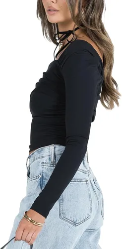 Vista 3 de Women Y2k One Off Shoulder Crop Tops Sexy Long Sleeve Ruched Slim Fit T Shirts Fitted Going Out Cropped Basic Tees