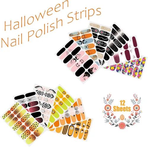 Vista 2 de 12 hojas de tiras de esmalte de uñas de Halloween con lima de uñas, telaraña, telarañas, envolturas de uñas para uñas cortas, calcomanías de uñas
