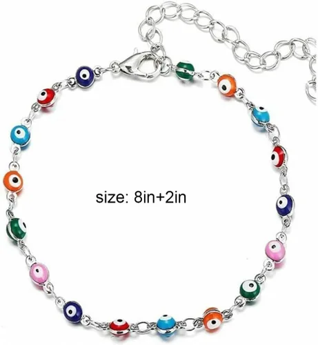 Vista 8 de Tobillera de ojo malvado de plata con cuentas de mal de ojo, joyería de pie de moda para la playa para mujer, Plata