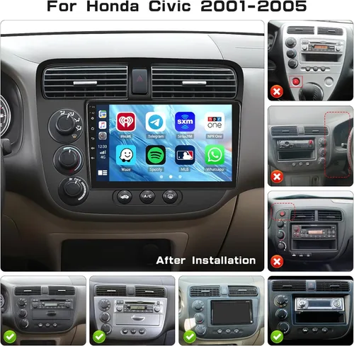Vista 2 de 2+64G para Honda Civic 2001-2005 Android 15 Estéreo de coche inalámbrico Apple CarPlay Android Auto, 9 pulgadas pantalla táctil Radio WiFi Bluetooth