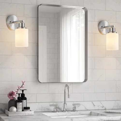 Vista 8 de Paquete de 2 luces de tocador de 1 luz, lámpara de baño de níquel cepillado con pantalla de vidrio blanco lechoso texturizado, accesorio