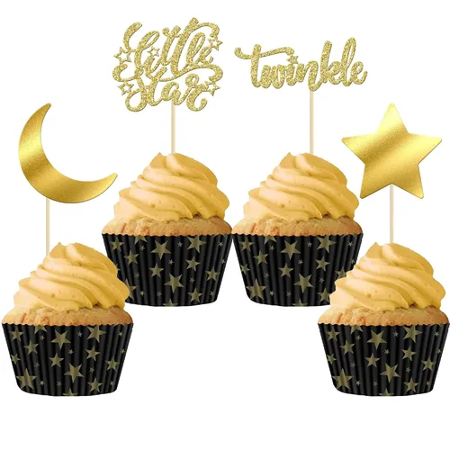 Vista 11 de Gyufise 24 piezas de decoración de cupcakes con purpurina de luna, nube, decoración de tartas de estrellas parpadeantes, baby shower, niños, Oro