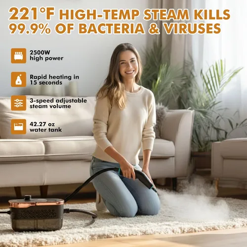 Vista 2 de Limpiador de vapor de mano para el hogar, tanque de 42.27 oz con calentamiento en 15 s, vaporizador portátil de 2500 W para limpieza, con 15 piezas