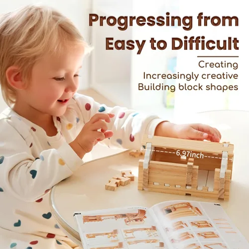 Vista 4 de Jovi-mindly &Notchies - Juego de 63 bloques de madera para principiantes, juguetes de aprendizaje preescolar, bloques de madera para niños a partir