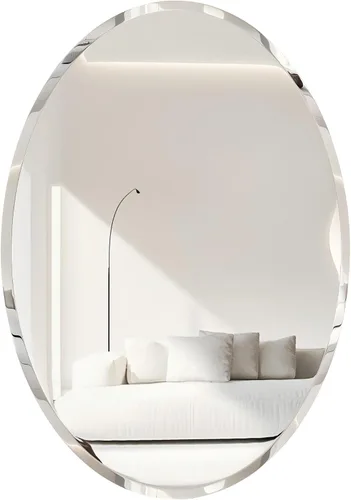 Vista 9 de Espejo de pared ovalado sin marco: Espejo decorativo elíptico de vidrio espejado para tocador con borde plateado biselado para baño, dormitorio