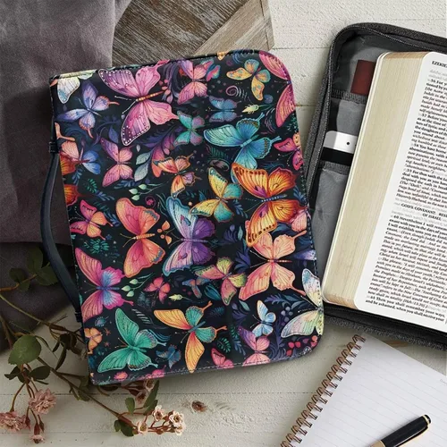 Vista 6 de Flashideas Funda de transporte ligera de la Biblia de la PU para las mujeres, cubierta de la Biblia de moda con asa para el estudio de Mariposa