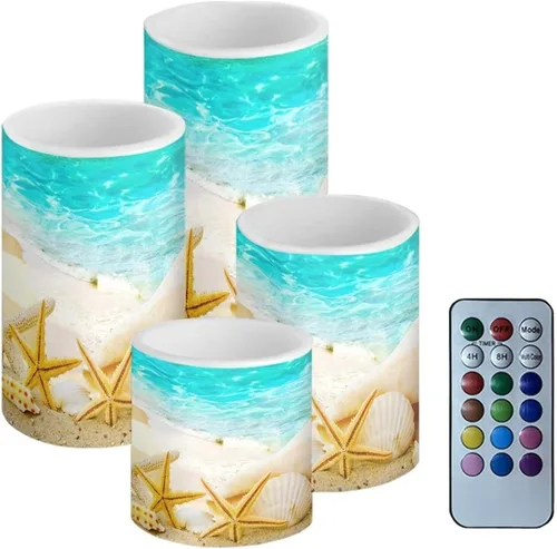 Vista 43 de Velas LED parpadeantes operadas por batería, juego de 4 con control remoto y temporizador, velas de llama danzante, velas de pilar para mesa, Playa