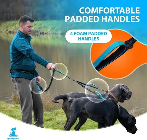 Vista 5 de SparklyPets Correa doble manos libres para perros grandes, sin tirones, sin enredos, asas acolchadas, costuras reflectantes