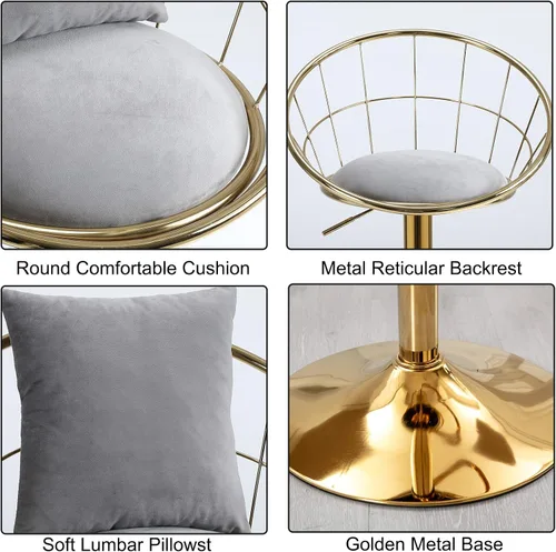 Vista 12 de Taburetes de bar giratorios de terciopelo con respaldo bajo y reposapiés, taburetes de bar ajustables con almohada, taburete de bar dorado de lujo
