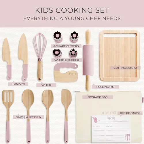 Vista 5 de Juego de cocina y horneado de madera para niños - Herramientas de cocina seguras y reales que brindan a los niños pequeños una experiencia de cocina
