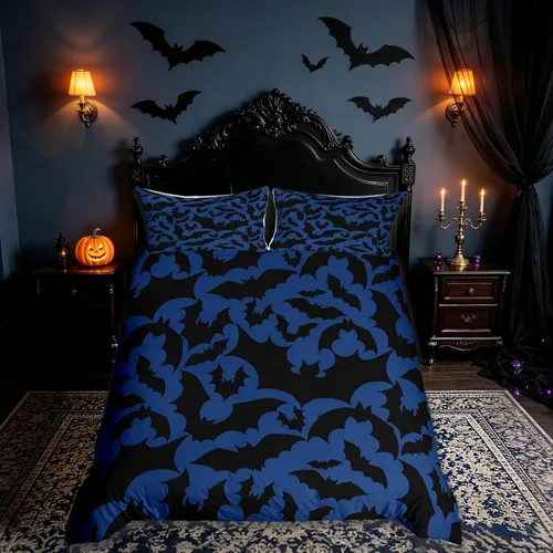 Vista 10 de Juego de funda de edredón con temática de Halloween, tamaño individual, estampado de animales salvajes de murciélagos rosados para niños y niñas