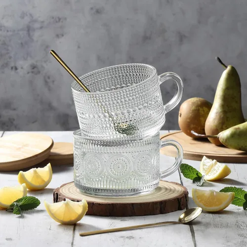 Vista 6 de Tazas de café vintage, contenedores de avena nocturna con tapas y cucharas de bambú - Tazas de vidrio claro grabado de 14oz, lindos accesorios