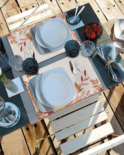 Vista 5 de Juego de 4 manteles individuales de mesa de calabaza rosa para mesa de comedor, tela de lino de algodón con bolsillo, arpillera cuadrada