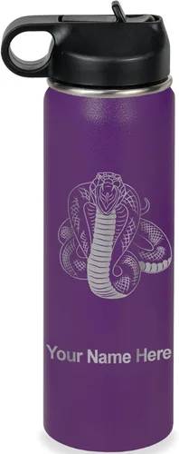 Vista 44 de LaserGram Botella de agua personalizada, serpiente de cobra, acero inoxidable de doble pared aislada al vacío con popote superior, regalo grabado