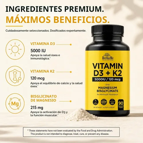 Vista 9 de HerbaMe Vitamina D3 5000 UI + K2 con fórmula de bisglicinato de magnesio