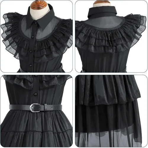 Vista 5 de Disfraz negro para niñas, niños, cumpleaños, Halloween, cosplay, vestido de fiesta negro