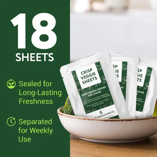 Vista 3 de IMPRESA Produce Keeper - Hojas de almacenamiento de alimentos, paquete de 18 hojas de papel frescas para frutas y verduras, ahorrador de verduras