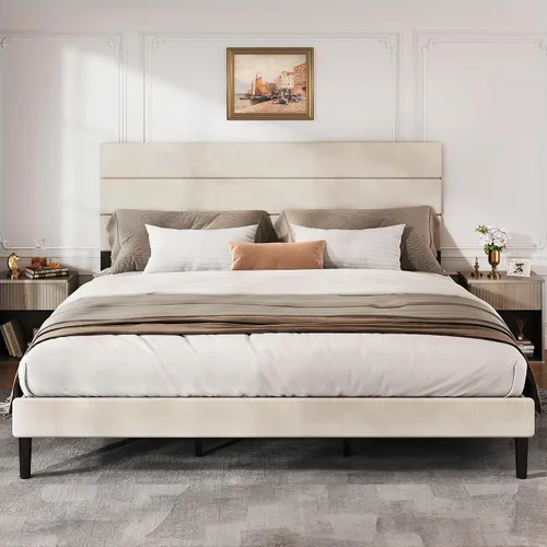 Vista 14 de WLIVE Base de cama tapizada, marcos de cama individual con cabecero, cama de plataforma con listones de madera, base de colchón de 600 libras,