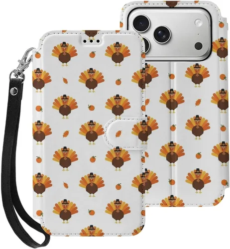 Vista 16 de SWEET TANG Compatible with iPhone 17 Pro Wallet Case Women PU Leather Shockproof Protective Folio Flip Cover (Cute Thanksgiving Turkey Maple Leaf)