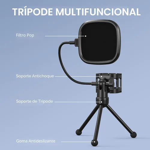 Vista 6 de TONOR TC-777 - Micrófono de podcast, micrófono de computadora USB, micrófono de condensador cardioide para PC con soporte de trípode y filtro pop