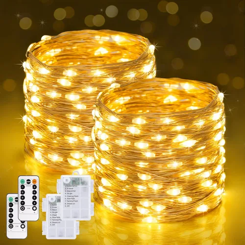 Vista 25 de JMEXSUSS Paquete de 2 Luces de Hadas Verdes a Batería, Total 200 LED 66 pies Luces de Cadena Parpadeantes con Control Remoto, 8 Modos de Luces