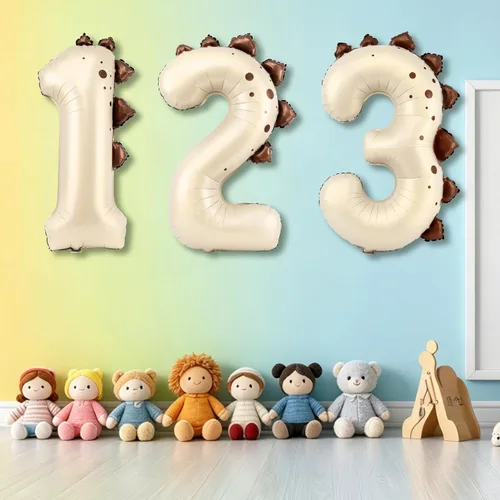 Vista 5 de Globo de dinosaurio número 1, globo de aluminio beige de 30 pulgadas para decoración de fiesta de cumpleaños de 1º cumpleaños de la selva