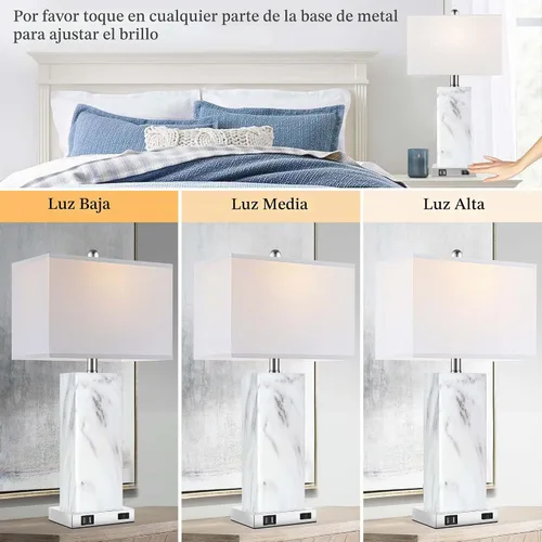 Vista 2 de Juego de 2 lámparas de mesa con control táctil, modernas lámparas de noche de cerámica con 2 puertos USB y 1 enchufe de CA, lámparas de mesita de 3