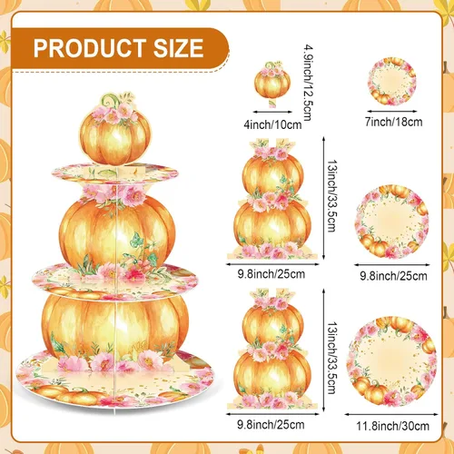 Vista 2 de Zopeal Decoraciones de baby shower de calabaza pequeña de 3 niveles, soporte para cupcakes de otoño, soporte para pastel de calabaza de otoño