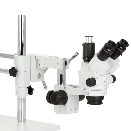 Vista 4 de AmScope - Microscopio estéreo con zoom Simul-Focal 7X-45X en soporte tipo jirafa con luz de anillo LED de 144 - SM-4NTP-144