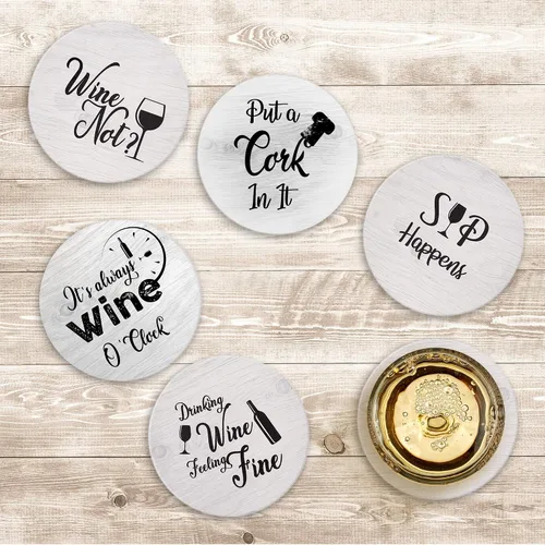 Vista 2 de Posavasos para bebidas absorbentes con soporte, juego de regalo de 6 piezas con 6 frases divertidas para amantes del vino, piedra de cerámica