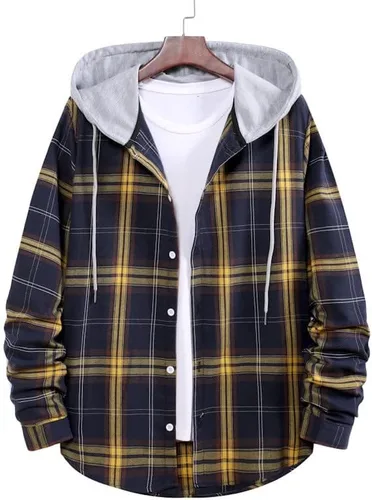 Vista 3 de Camisas de algodón a cuadros para hombre, chaqueta de franela con forro polar para hombre, camisa a cuadros de moda, hip hop, cárdigan con capucha