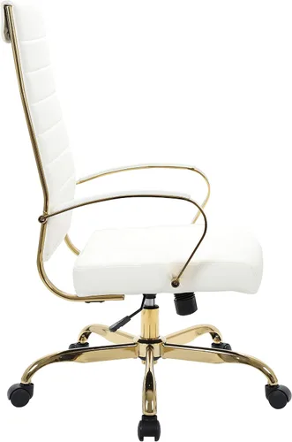 Vista 5 de LeisureMod Silla de oficina moderna de cuero con respaldo alto, silla de escritorio ejecutiva giratoria y ajustable con marco dorado, diseño Blanco