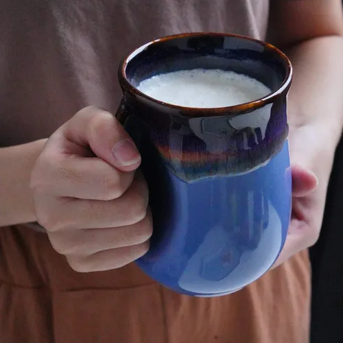 Vista 27 de Selamica - Taza de porcelana de 18 onzas con calentador de manos para diestros, taza de café, taza de té para familiares y pareja - Azul