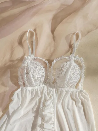 Vista 3 de SHENHE Vestido de lencería transparente con volantes y encaje para mujer, con tanga