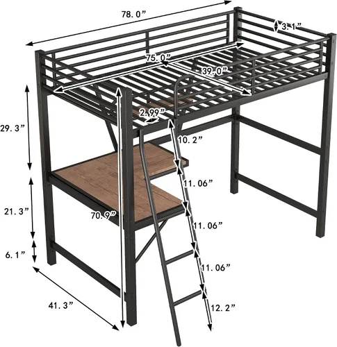 Vista 2 de Merax Litera individual de metal pesado con escritorio/barandilla de longitud completa para niños y niñas, no necesita somier, color negro