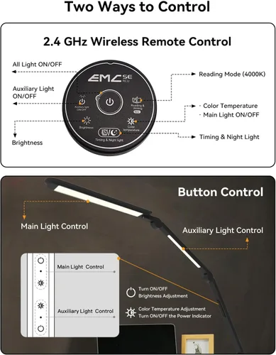 Vista 5 de Lámpara de escritorio LED con abrazadera, lámpara de escritorio de arquitecto con control remoto, luz de escritorio de brazo oscilante flexible