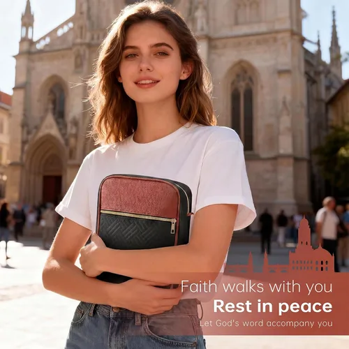 Vista 7 de Funda para la Biblia, funda para libro de la Biblia para mujeres y hombres, funda de transporte de lona, protector de libros acolchada de cuero
