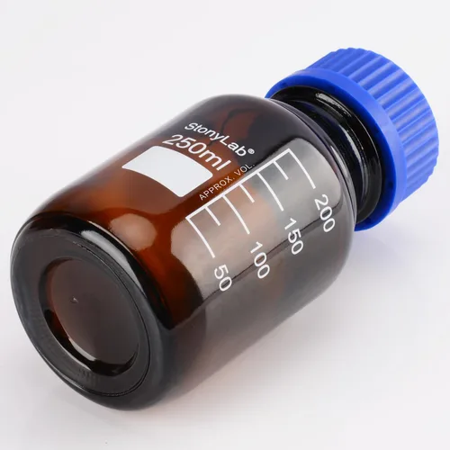 Vista 4 de stonylab Botellas redondas graduadas de vidrio ámbar con tapa de rosca GL45, 8.5 fl oz, 1 paquete