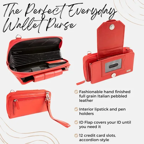 Vista 3 de Cartera cruzada para teléfono celular RFID para mujer, Rojo