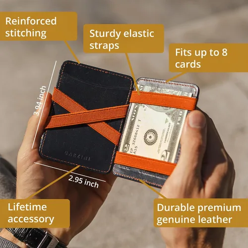Vista 3 de Hunterson Cartera mágica, cartera minimalista para hombres con tarjetero RFID, cartera de cuero para 8 tarjetas, 12 Frambuesa, Cartera Rfid