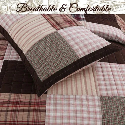 Vista 5 de Cozy Line Home Fashions Juego de ropa de cama reversible con diseño de mosaico real Brody Farmhouse Chocolate Plaid a rayas, colcha colcha
