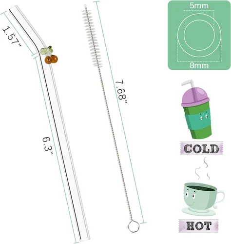 Vista 4 de 5 popotes reutilizables de vidrio transparente con diseño color cereza de 7.8" x 8mm con 1 cepillo de limpieza para batidos, zumos, jugos y tés