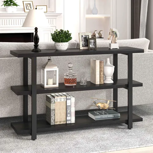 Vista 5 de FOLUBAN Mesa de entrada negra, mesas consola modernas con estantes de almacenamiento de 3 niveles para sala de estar, mesa de sofá de madera y metal