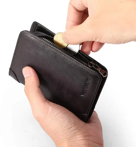 Vista 19 de Billetera para hombre con cremallera de cuero genuino RFID tarjeteros de piel de vaca con cremallera bolsillo para monedas, carteras plegables
