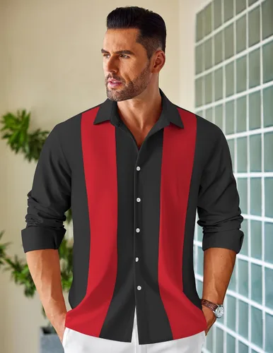 Vista 2 de COOFANDY Men's Vintage Bowling Shirt Casual Long Sleeve Button Down Retro Shirt