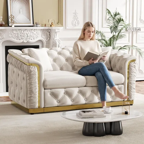 Vista 3 de Sofá de dos plazas Chesterfield de terciopelo de 62.2 pulgadas, sofá de lujo blanco y dorado, beige Gris